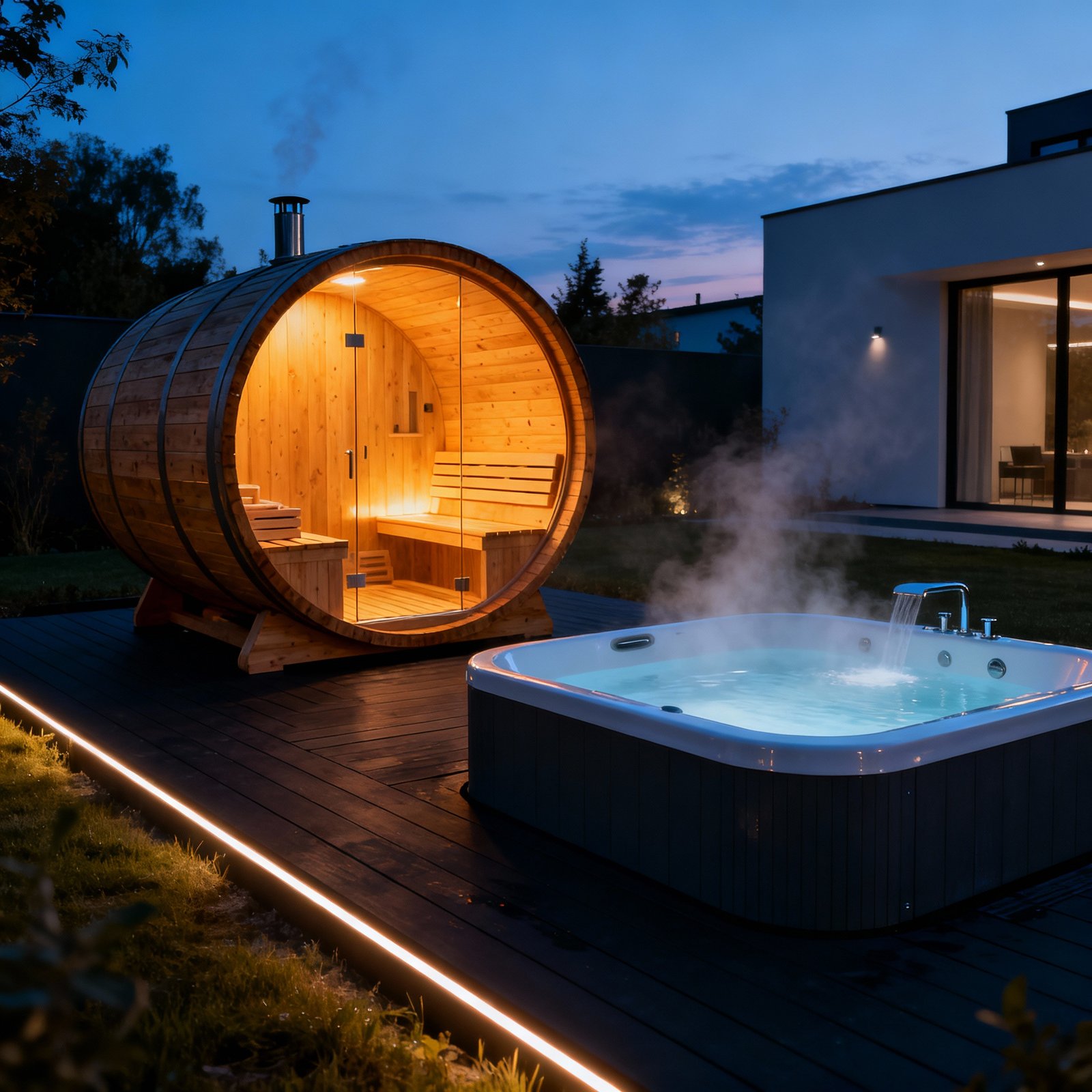 Warm cedar sauna and cold plunge in a modern home setting